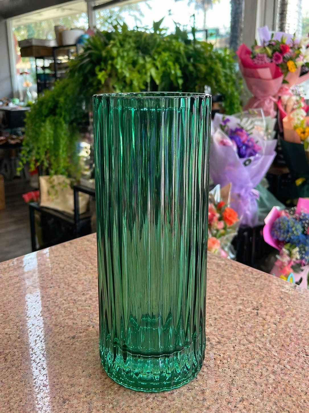 Emerald Ribbed Glass Vase