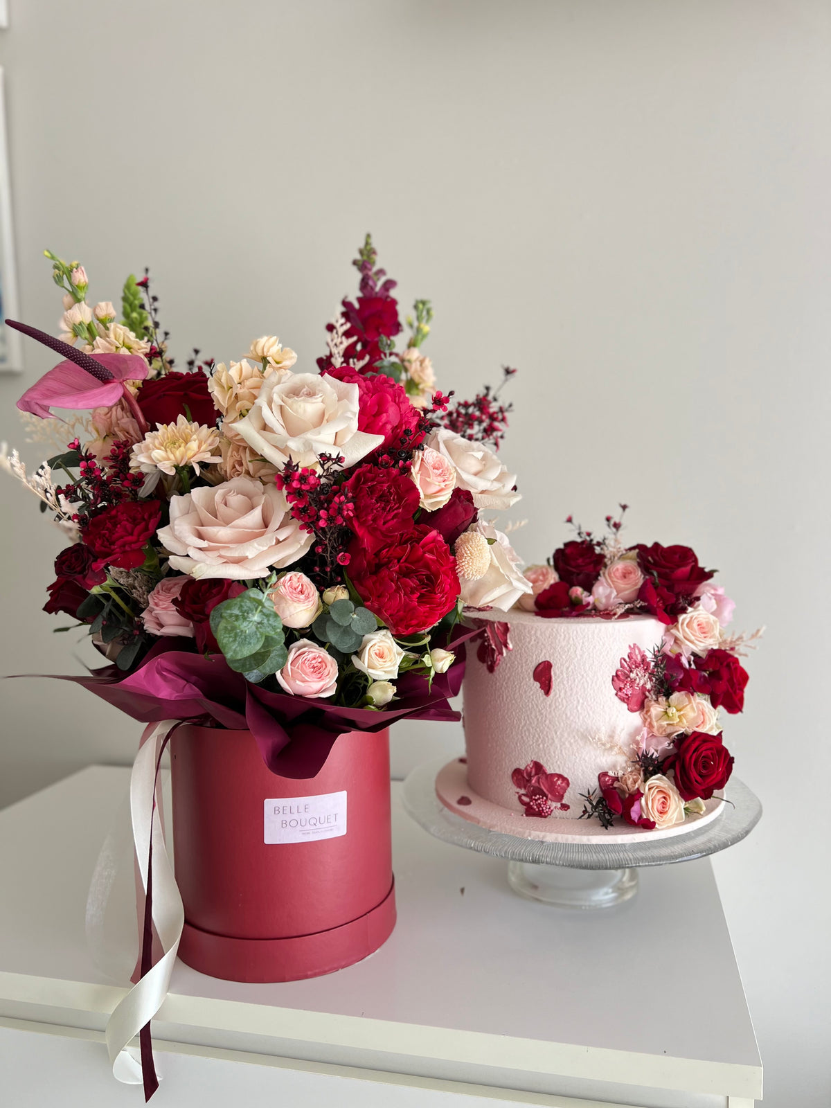 Floral Bouquet & Cake Set - Burgundy & Cream Elegance