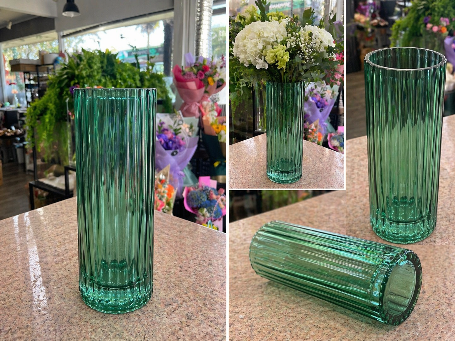 Emerald Ribbed Glass Vase