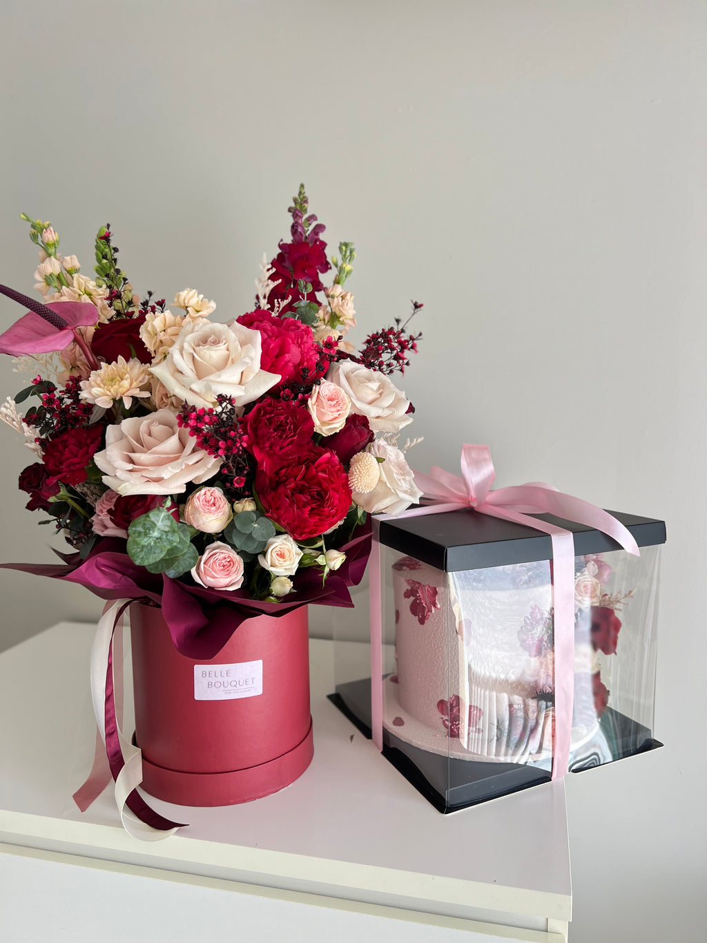 Floral Bouquet & Cake Set - Burgundy & Cream Elegance