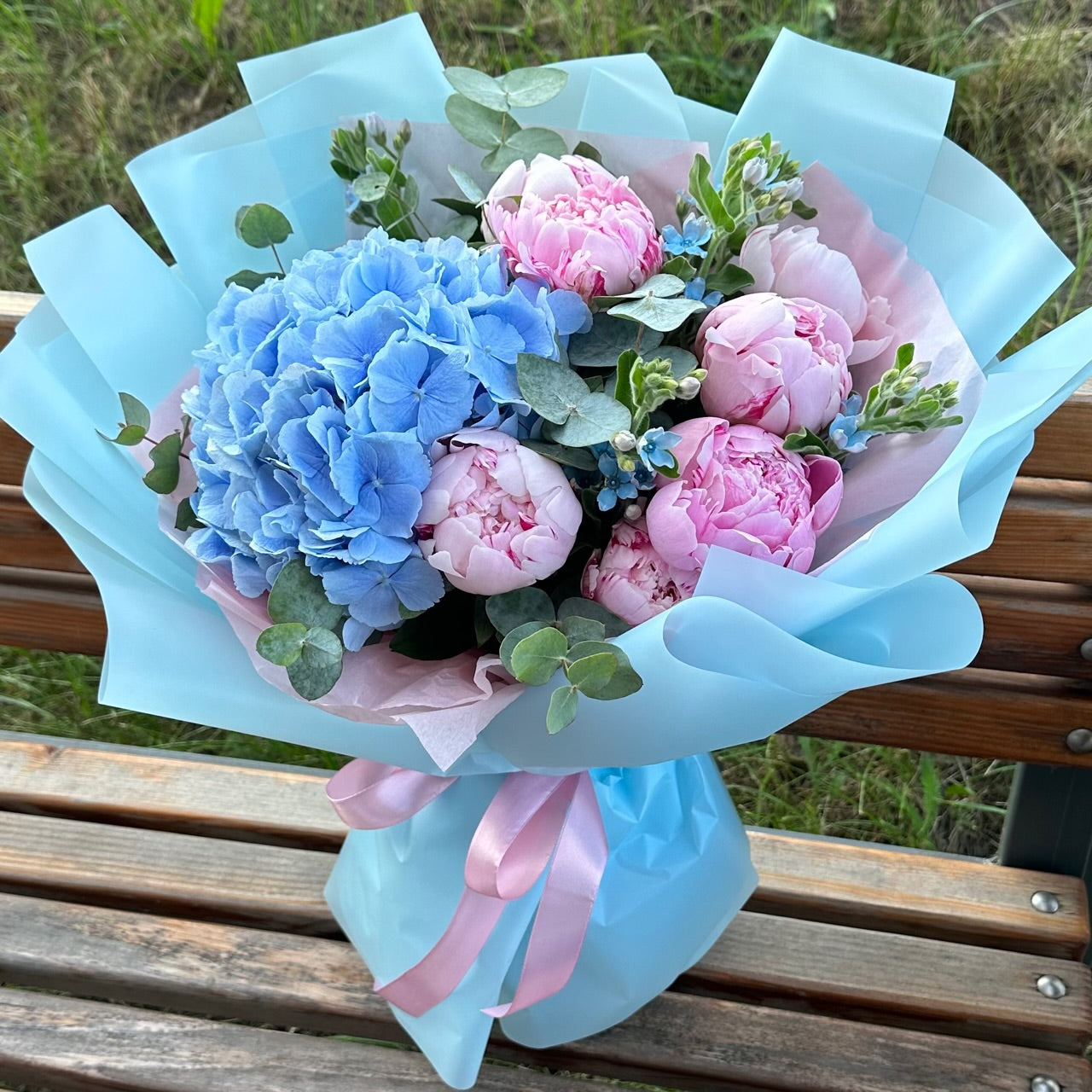 Blue Hydrangea & Pink Peony Bouquet