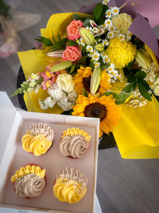 Golden Glow: Sunflower Bouquet & Cupcake Set