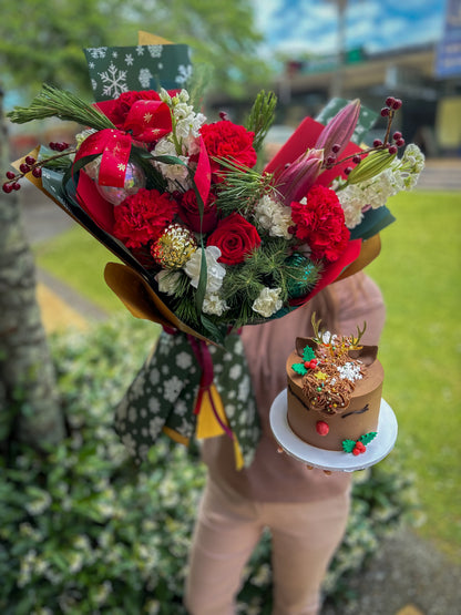 Christmas Cheer Bundle: Bento Reindeer Cake and Festive Bouquet