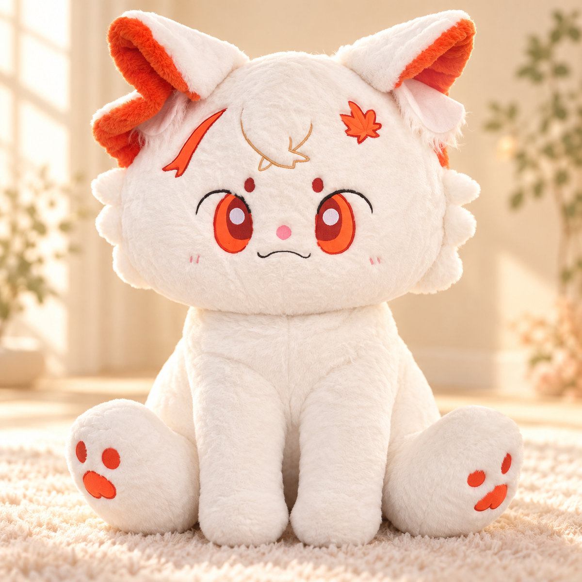 Oversized white kawaii anime cat plush with orange ears, maple leaf details and paw prints, sitting on a fluffy cream rug.