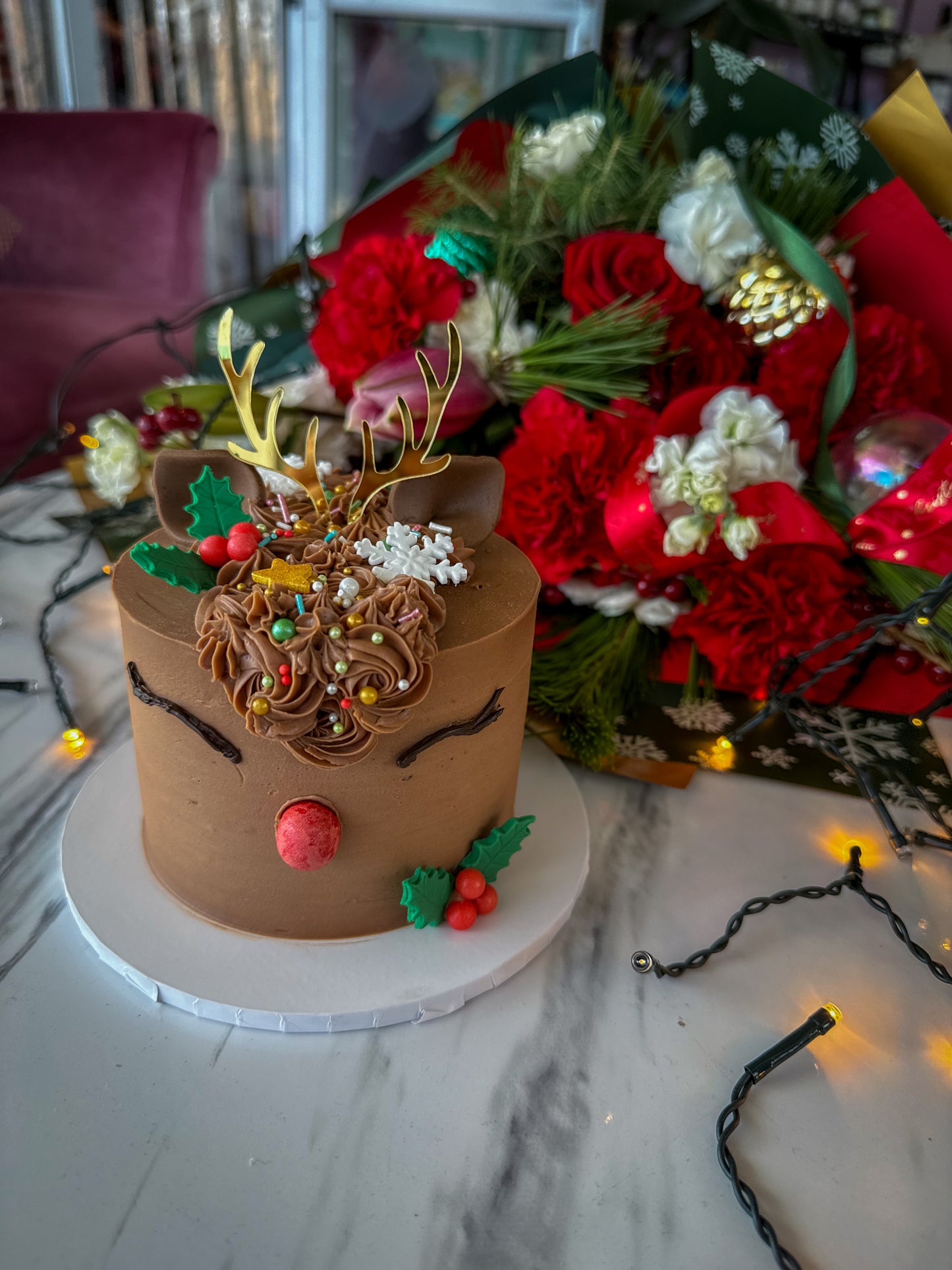 Christmas Cheer Bundle: Bento Reindeer Cake and Festive Bouquet