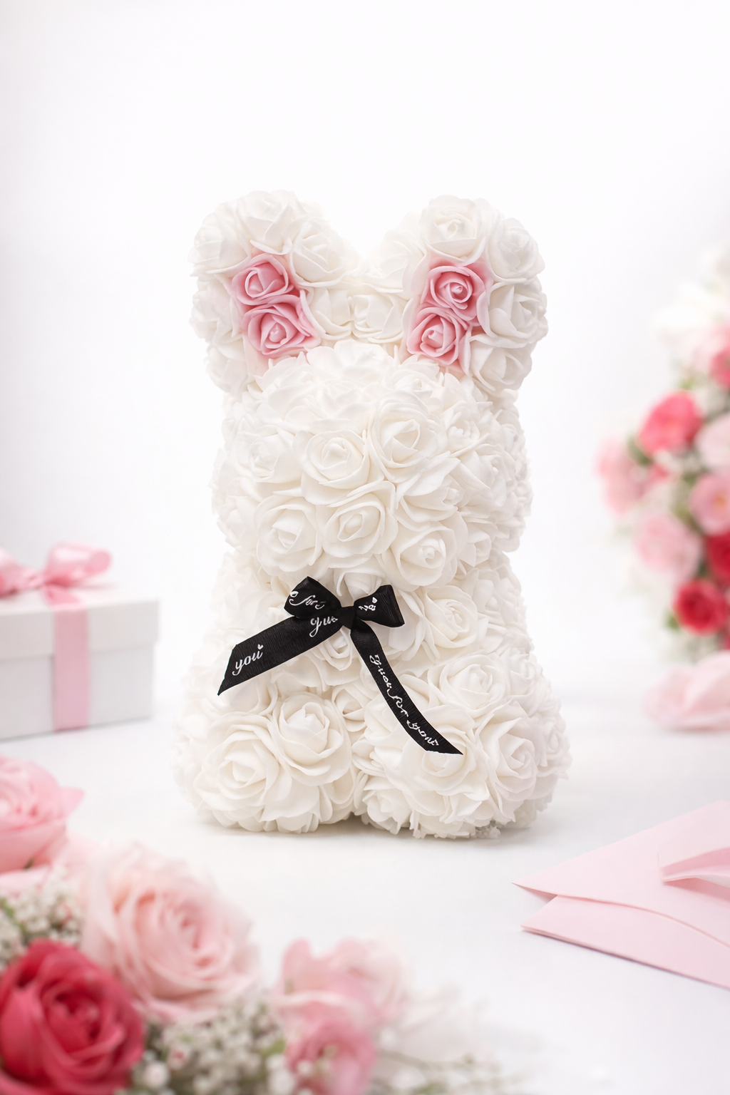 Everlasting Rose Bunny (25cm) – White & Pink