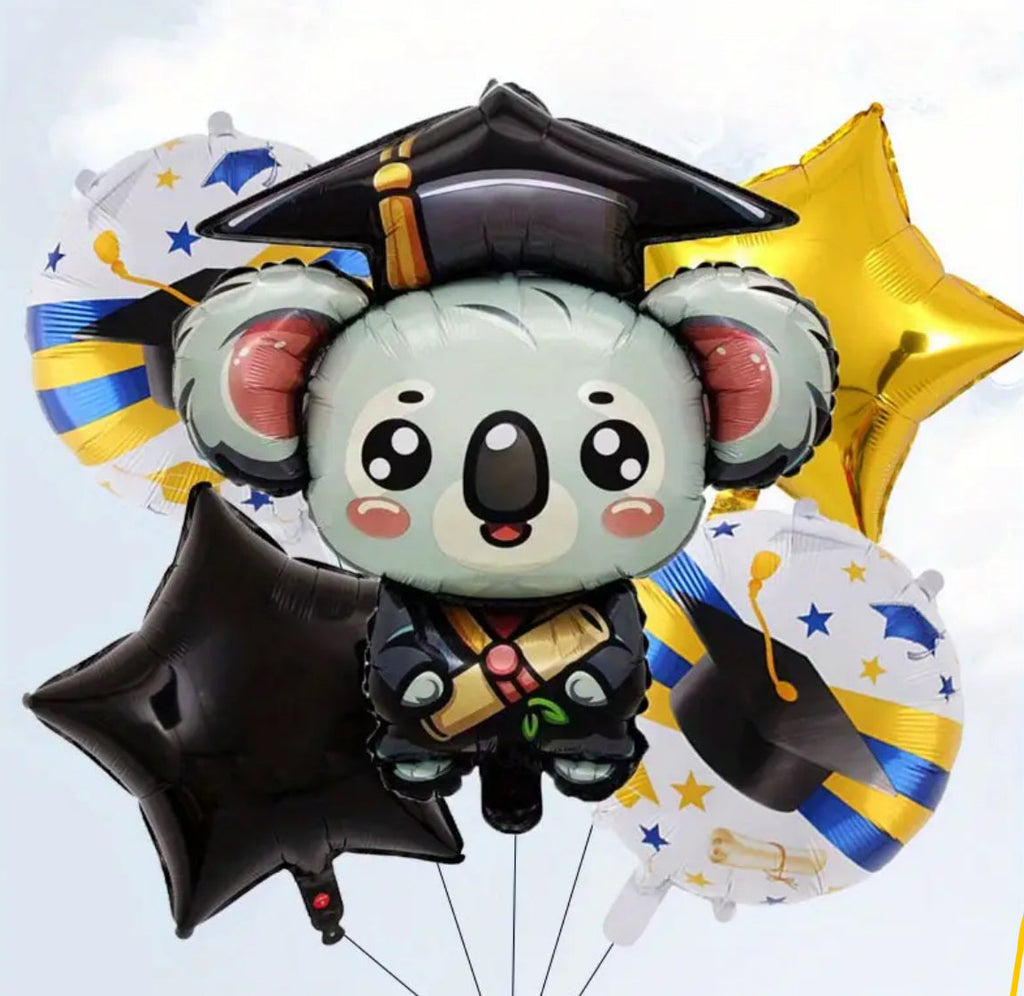 Graduation-themed balloon set with a koala design on a light gray background