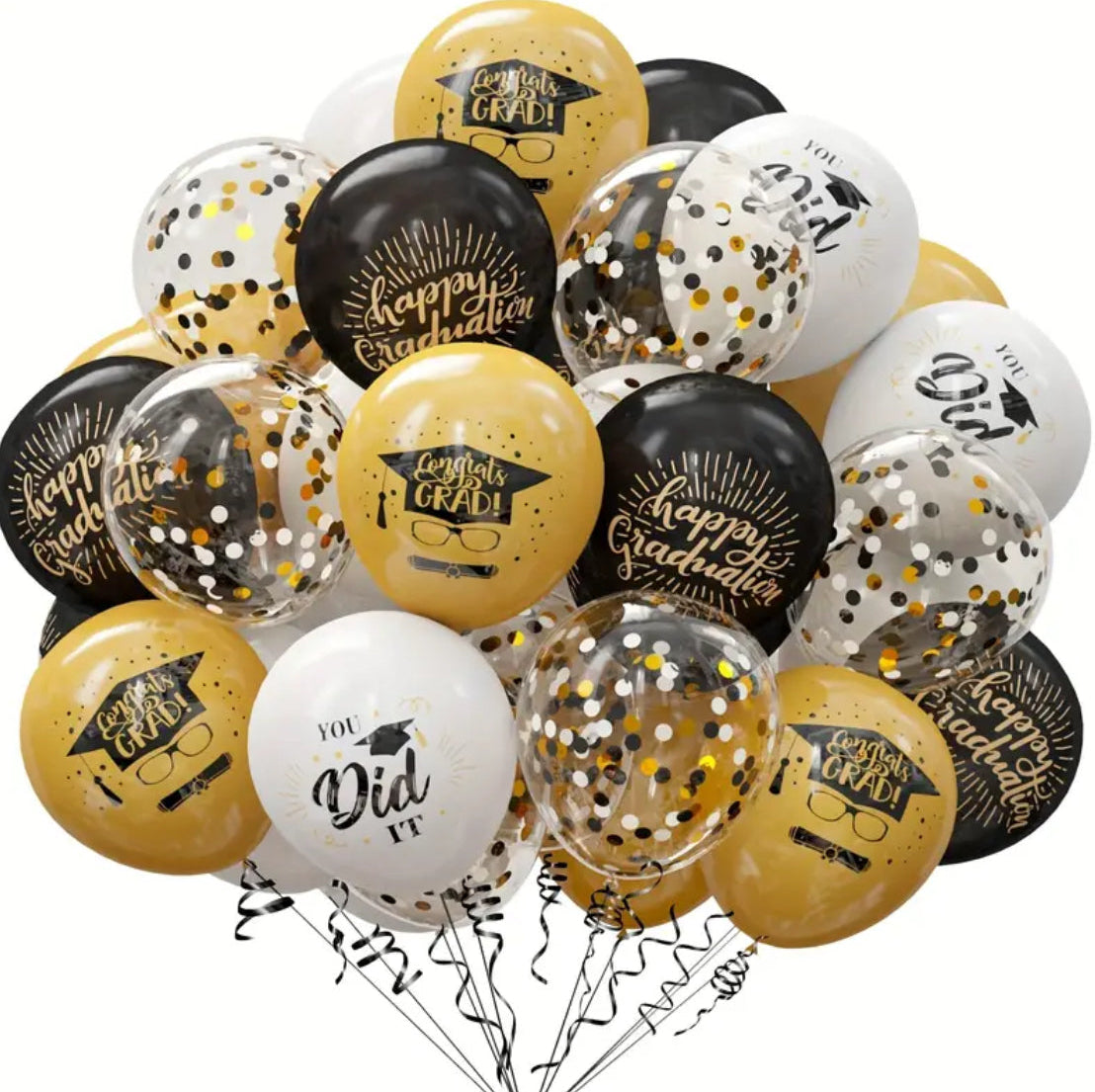 Graduation-themed balloons in gold, black, and white with confetti and text.