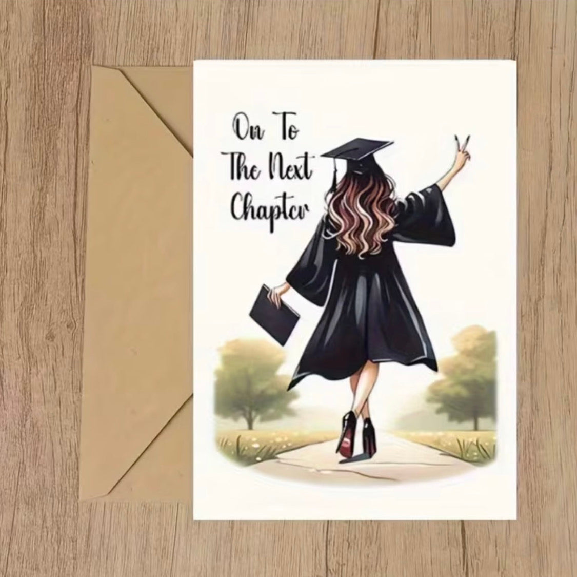 Graduation-themed card 'On To The Next Chapter'