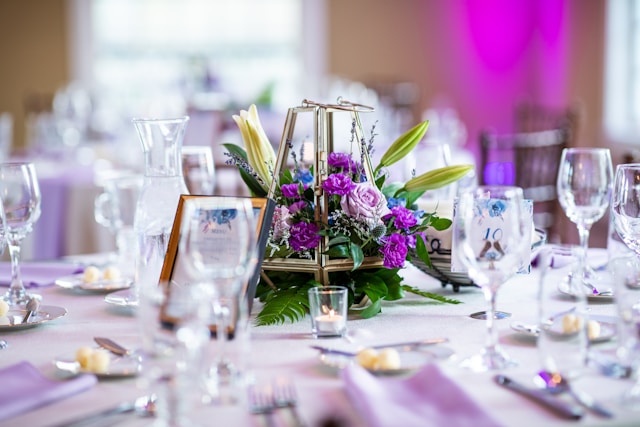 Decorated table with floral centerpiece