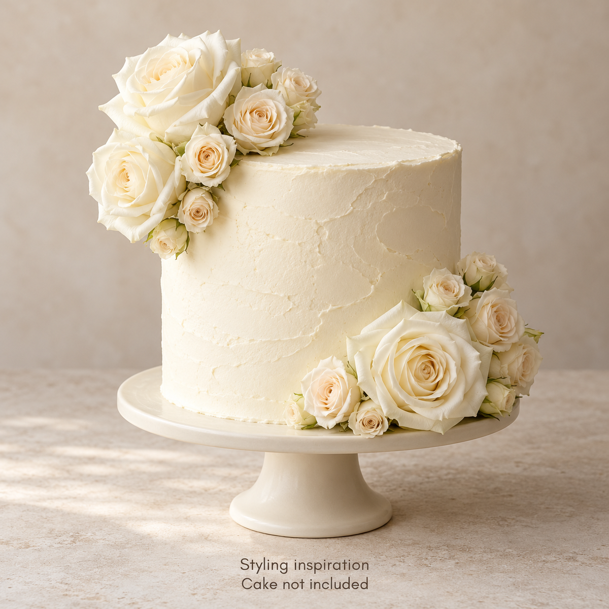 Illustrative cake styling inspiration with white roses. Cake not included.