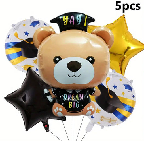 Set of five graduation-themed balloons with a koala bear design and 'Yay!' text.