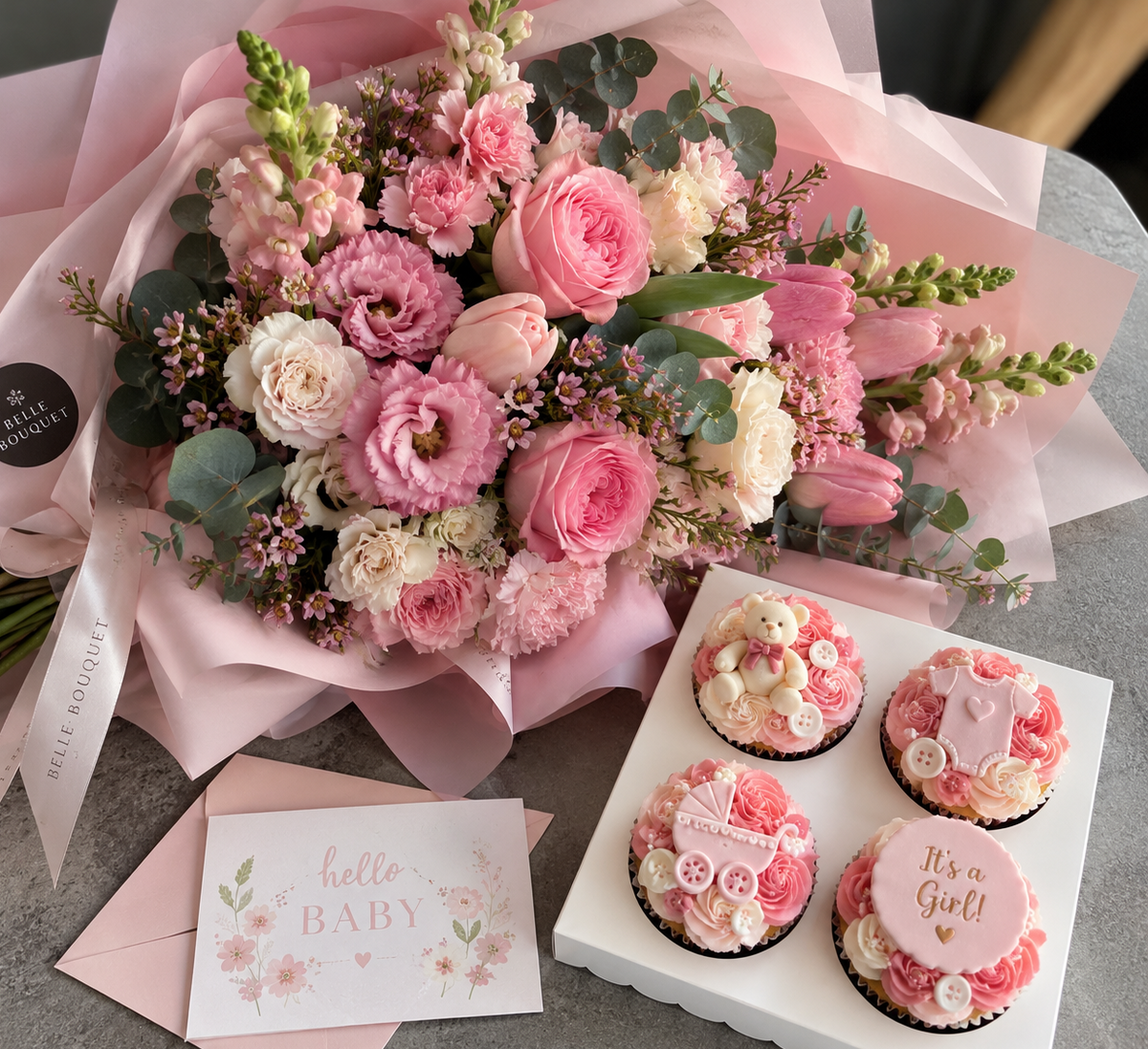 Hello Baby Girl – Flowers & Cupcakes Gift Set
