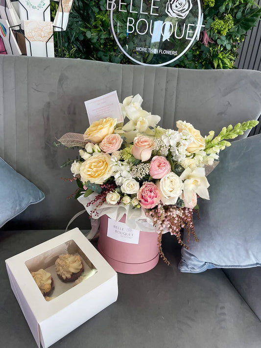 Cream Elegance Hatbox with Cupcakes