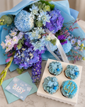 Hello Baby Boy flowers and cupcakes gift set with a blue and purple bouquet