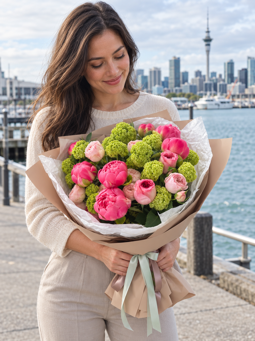 Pink peony, rose and viburnum bouquet held at Auckland waterfront with Sky Tower in the background