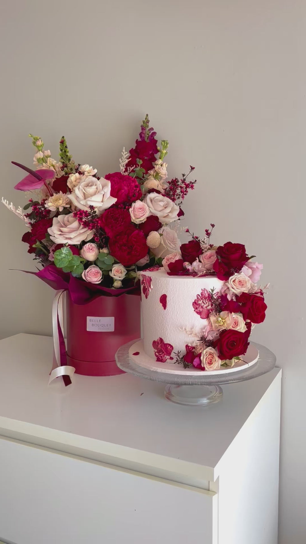 Floral Bouquet & Cake Set - Burgundy & Cream Elegance