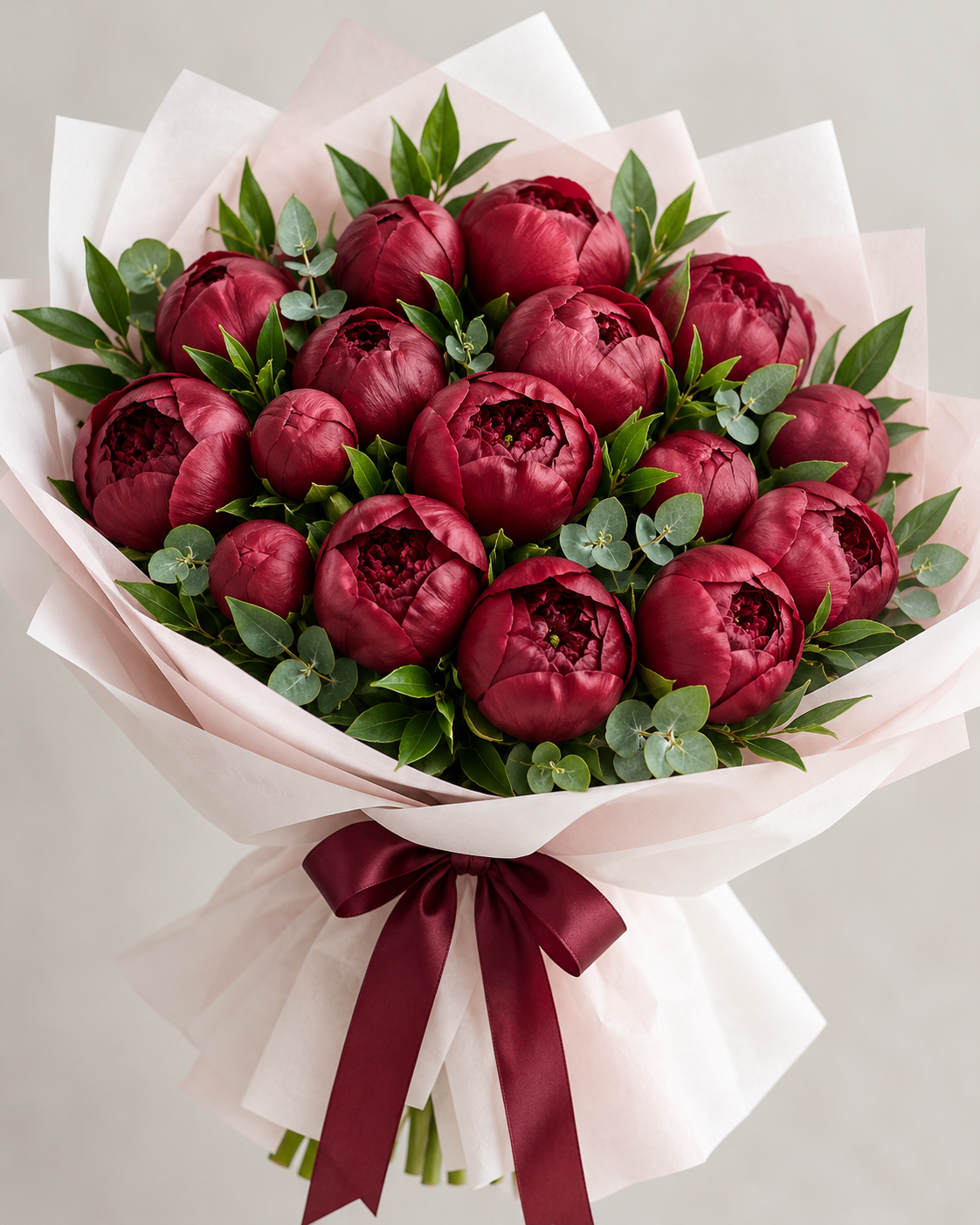 Red Charm burgundy peony bouquet in elegant wrapping by Belle Bouquet Auckland